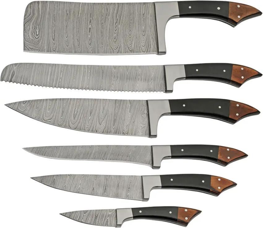 Damascus Kitchen Set 6 Piece DM-1378 - Full Tang Damascus Steel Blades With Black Micarta And Wood Handles by Damascus