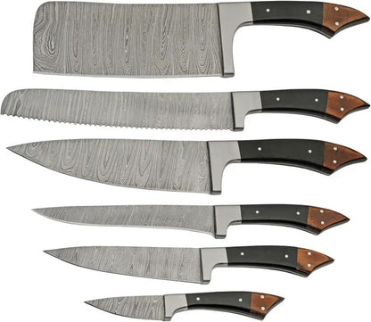 Damascus Kitchen Set 6 Piece DM-1378 - Full Tang Damascus Steel Blades With Black Micarta And Wood Handles by Damascus