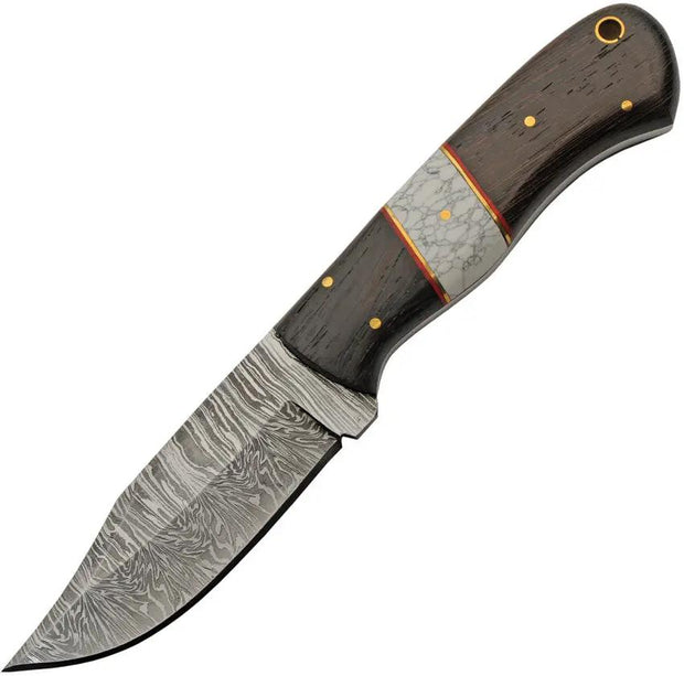 Damascus Hunter White Turquoise DM-1383 - Full Tang Damascus Clip Point Knife With Brown Wood Handle by Damascus