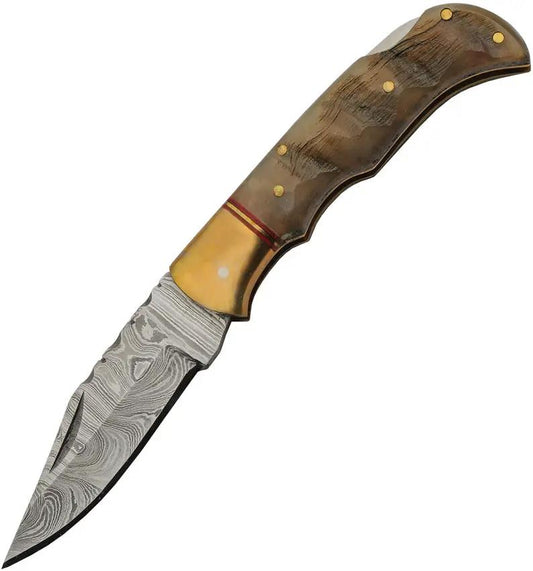 Damascus Ram Lockback Knife DM-1385 - 3-Inch Damascus Clip Point Blade, Ram Horn Handle, Brass Bolsters by Damascus