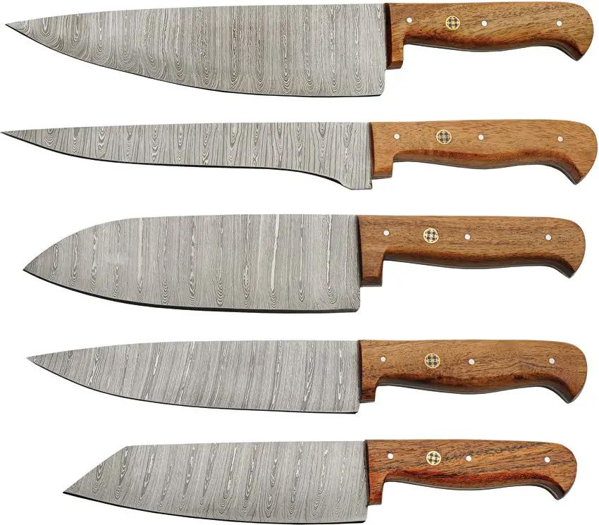 Damascus Mosaic Kitchen Set 5Pc DM-1392 - Damascus Steel Blades Full Tang Brown Wood Handles Storage Roll by Damascus