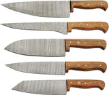 Damascus Mosaic Kitchen Set 5Pc DM-1392 - Damascus Steel Blades Full Tang Brown Wood Handles Storage Roll by Damascus