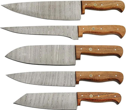 Damascus Mosaic Kitchen Set 5Pc DM-1392 - Damascus Steel Blades Full Tang Brown Wood Handles Storage Roll by Damascus