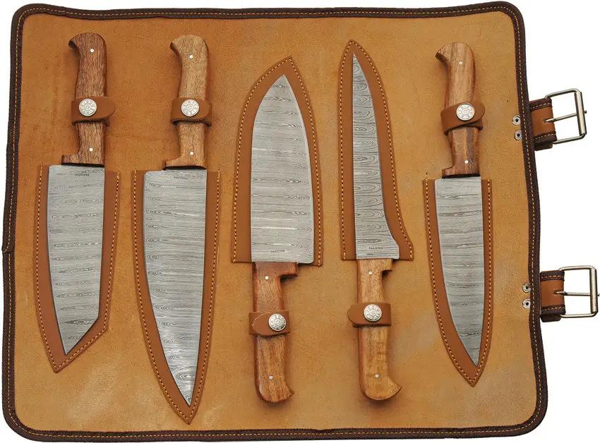 Damascus Mosaic Kitchen Set 5Pc DM-1392 - Damascus Steel Blades Full Tang Brown Wood Handles Storage Roll by Damascus
