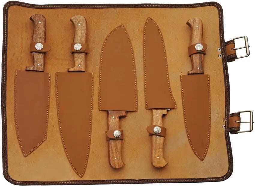 Damascus Mosaic Kitchen Set 5Pc DM-1392 - Damascus Steel Blades Full Tang Brown Wood Handles Storage Roll by Damascus
