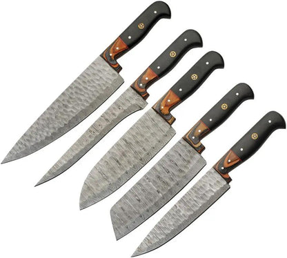Damascus Kitchen Set W Knife Roll DM-1393 - Full Tang Damascus Steel Blades With Brown And Black Wood Handles by Damascus