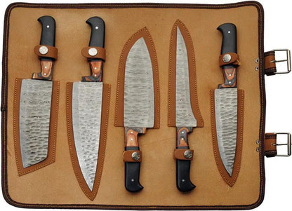Damascus Kitchen Set W Knife Roll DM-1393 - Full Tang Damascus Steel Blades With Brown And Black Wood Handles by Damascus