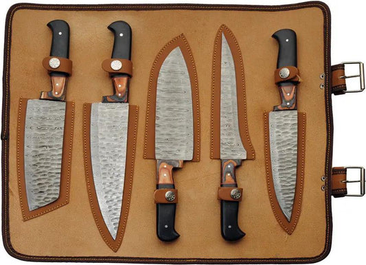Damascus Kitchen Set W Knife Roll DM-1393 - Full Tang Damascus Steel Blades With Brown And Black Wood Handles by Damascus