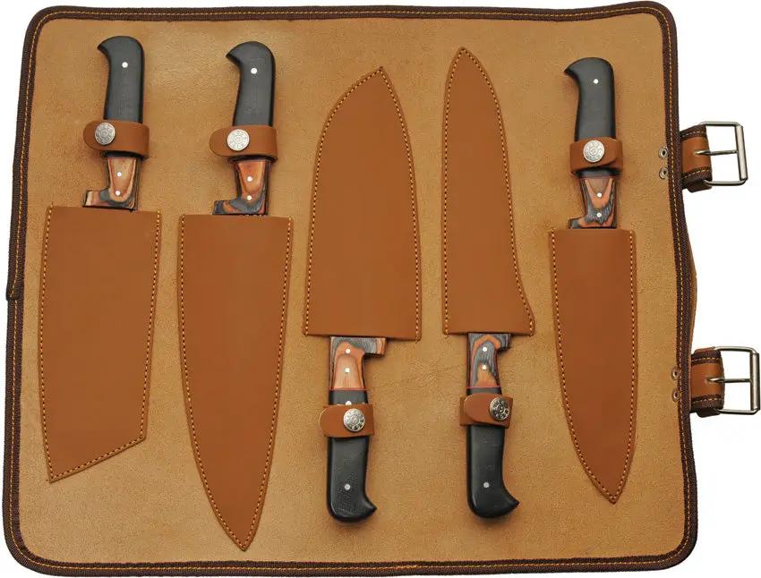Damascus Kitchen Set W Knife Roll DM-1393 - Full Tang Damascus Steel Blades With Brown And Black Wood Handles by Damascus
