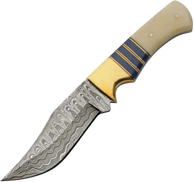 Damascus Admiral Fixed Blade Knife - Bone Handle, Brass Guard, Full Tang, Blue Spacers by Damascus