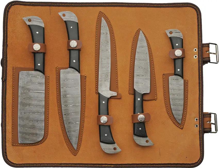 Damascus Kitchen Knife Set With Roll DM-1396 - Full Tang Black Micarta Handles Six-Piece Knife Set by Damascus