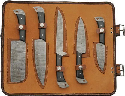 Damascus Kitchen Knife Set With Roll DM-1396 - Full Tang Black Micarta Handles Six-Piece Knife Set by Damascus