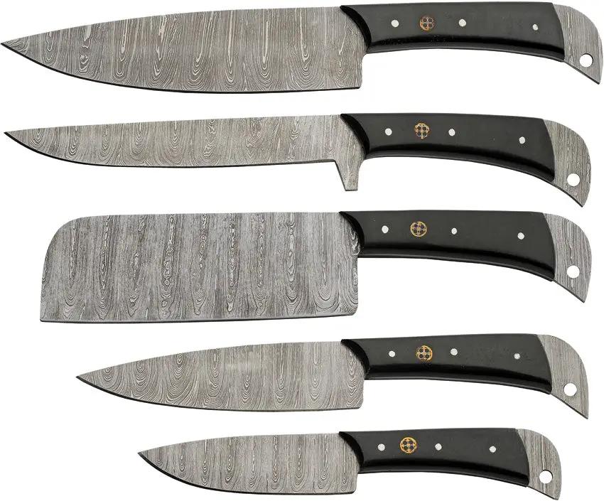 Damascus Kitchen Knife Set With Roll DM-1396 - Full Tang Black Micarta Handles Six-Piece Knife Set by Damascus