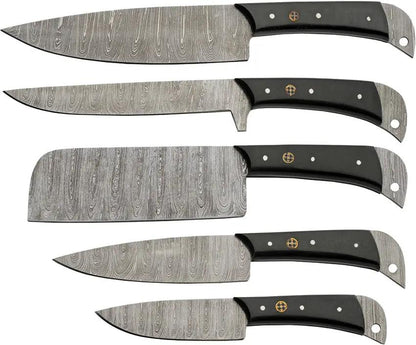 Damascus Kitchen Knife Set With Roll DM-1396 - Full Tang Black Micarta Handles Six-Piece Knife Set by Damascus