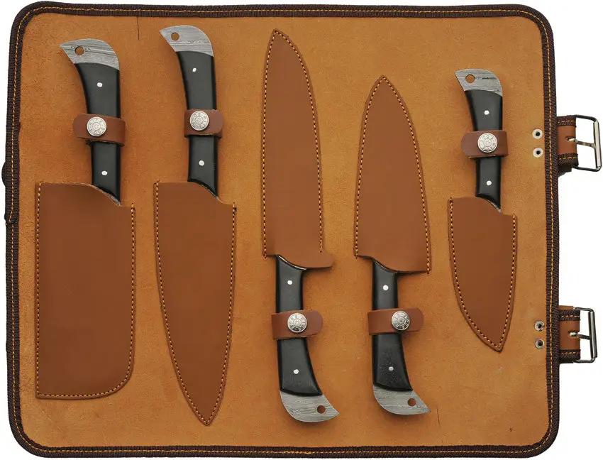 Damascus Kitchen Knife Set With Roll DM-1396 - Full Tang Black Micarta Handles Six-Piece Knife Set by Damascus