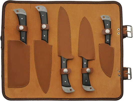 Damascus Kitchen Knife Set With Roll DM-1396 - Full Tang Black Micarta Handles Six-Piece Knife Set by Damascus
