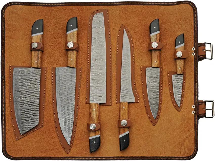 Damascus Saddlewood Kitchen Set With Roll - Damascus Steel Blades, Full Tang, 7-Piece Knife Collection by Damascus