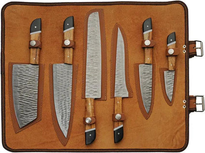 Damascus Saddlewood Kitchen Set With Roll - Damascus Steel Blades, Full Tang, 7-Piece Knife Collection by Damascus