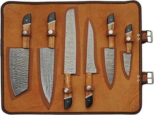 Damascus Saddlewood Kitchen Set With Roll - Damascus Steel Blades, Full Tang, 7-Piece Knife Collection by Damascus