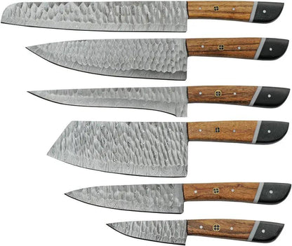 Damascus Saddlewood Kitchen Set With Roll - Damascus Steel Blades, Full Tang, 7-Piece Knife Collection by Damascus