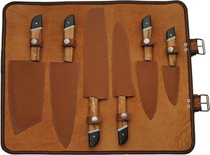 Damascus Saddlewood Kitchen Set With Roll - Damascus Steel Blades, Full Tang, 7-Piece Knife Collection by Damascus