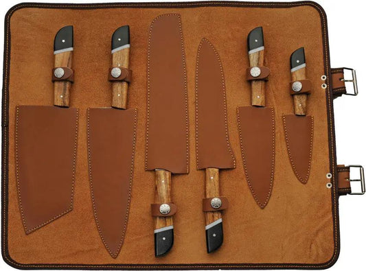 Damascus Saddlewood Kitchen Set With Roll - Damascus Steel Blades, Full Tang, 7-Piece Knife Collection by Damascus