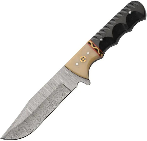 Damascus Fixed Blade Black Micarta DM-1405BK - 4.5 Inch Clip Point Blade, Full Tang, Bone Bolsters, Leather Sheath by Damascus