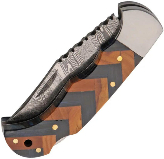Damascus Forge Lockback Knife - Damascus Steel Clip Point Blade Blue Wood Handle With Bolsters by Damascus
