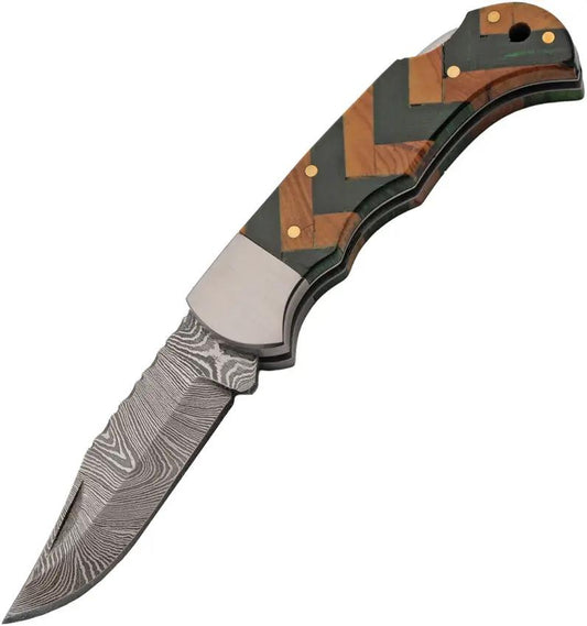 Damascus Forge Lockback Knife DM-1416GN - Damascus Steel Clip Point Blade With Green Wood Handle by Damascus