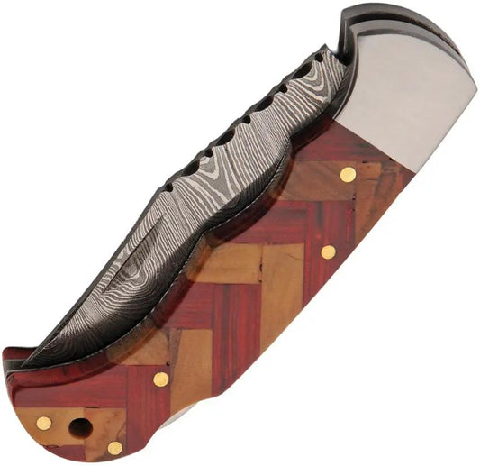 Damascus Forge Lockback Red DM-1416RD - Damascus Steel Clip Point Blade With Wood Handle And Lanyard Hole by Damascus
