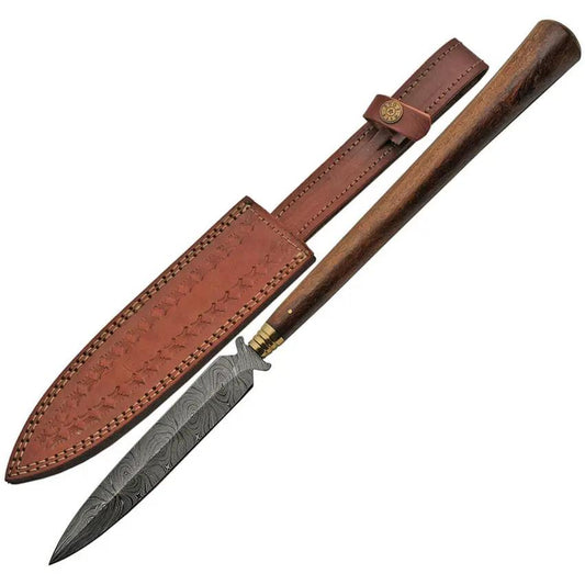 ForgeCraft Damascus Spear Wood Handle DM-5012 - 21 Inch Overall Double Edge Blade with Brown Leather Sheath by Damascus