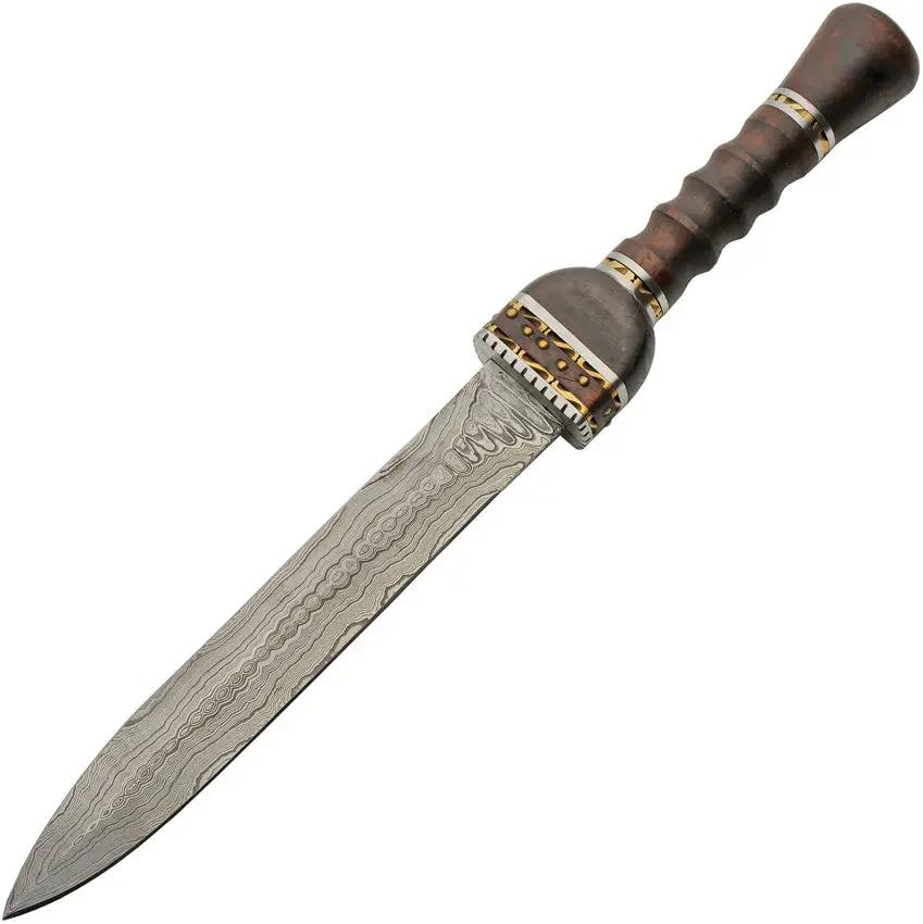 Damascus Fancy Short Sword DM-5032 - Handcrafted 9.5 Inch Damascus Blade With Brown Wood Handle And Leather Sheath by Damascus