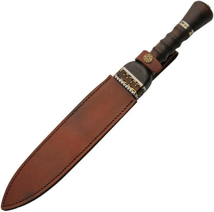 Damascus Fancy Short Sword DM-5032 - Handcrafted 9.5 Inch Damascus Blade With Brown Wood Handle And Leather Sheath by Damascus