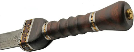 Damascus Fancy Short Sword DM-5032 - Handcrafted 9.5 Inch Damascus Blade With Brown Wood Handle And Leather Sheath by Damascus