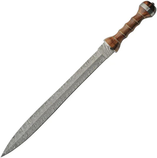 Damascus Xiphos Style Sword DM-5042 - 17.5 Inch Damascus Steel Blade With Sculpted Walnut Handle And Leather Sheath by Damascus