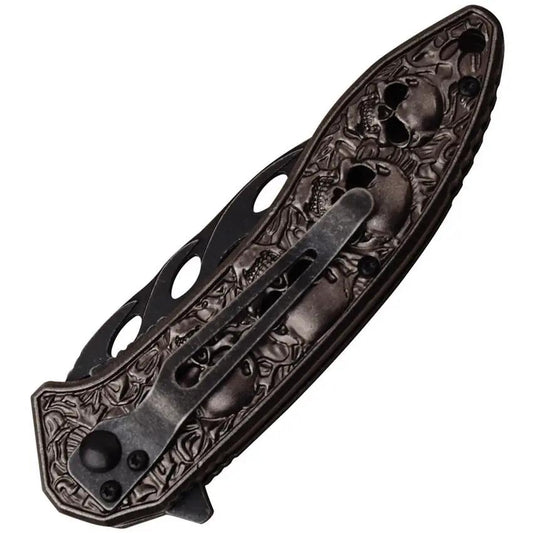 Dark Side Skull Linerlock Knife - Assisted Opening With 3.5in Black Stonewash Drop Point Blade And Gray Aluminum Handle by Dark Side
