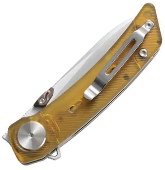 Dreamtech Linerlock PEI D3610PY - Satin 14C28N Sandvik Blade With Amber PEI Handle And Extended Tang by Dreamtech