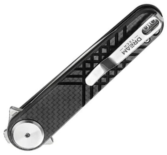 Dreamtech Button Lock CF D4052CF - Satin 14C28N Dagger Blade, Extended Tang, Black G10 and Carbon Fiber Handle by Dreamtech