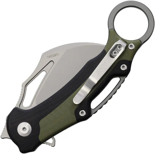 Dreamtech Button Lock Karambit Knife Satin 14C28N Sandvik Blade - Black Green G10 Handle Extended Tang Lanyard Hole by Dreamtech