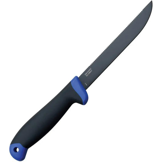 Dark Water DW-FIX002CS - Fixed Blade Fillet Knife With 6 Inch Black Finish 5Cr15MoV Blade Blue Gray Rubber Handle by Dark Water