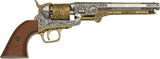 Denix Civil War 1851 Navy Revolver - Antique Nickel Silver Barrel Engraved with Scrolls and Sailing Ships by Denix