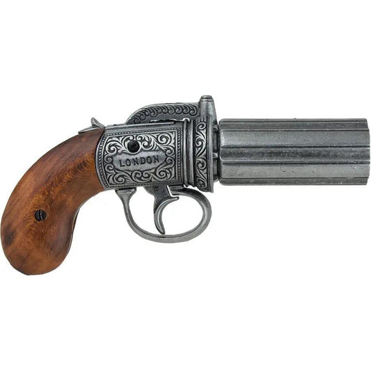 Denix Pepperbox Replica Revolver 22-1071 - Antique Gray Finish with Wood Grips and Simulated Firing Mechanism by Denix