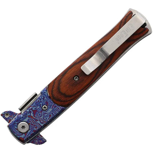 ElitEdge Damascus Etched Linerlock Assisted Opening Knife - Blue and Red Damascus Etched Blade with Brown Wood Handle by ElitEdge