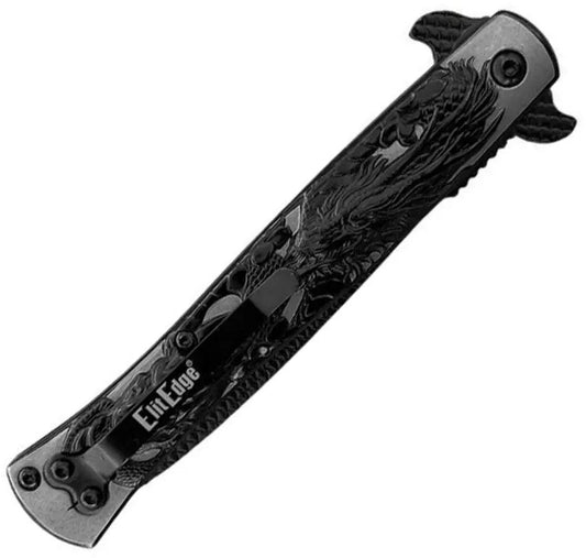 ElitEdge Stiletto Linerlock - Assisted Opening Dragon Artwork Handle Black Titanium Coated Spear Point Blade Four Inch by ElitEdge
