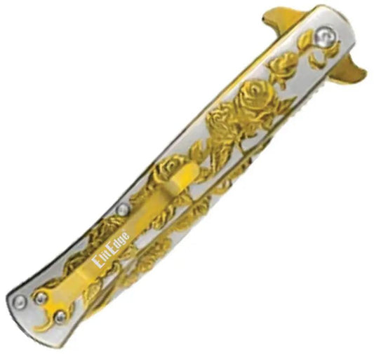 ElitEdge Stiletto Linerlock Gold 10-A119GD - Assisted Opening With Gold And Silver Sculpted Handle by ElitEdge