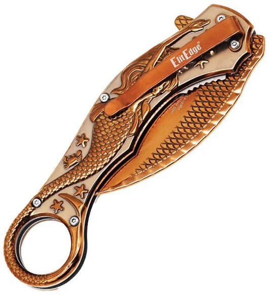 ElitEdge Mermaid Karambit Linerlock Rose Gold 440C Stainless Blade - Rose Gold Finish With Finger Ring And Pocket Clip by ElitEdge