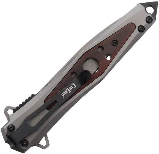 ElitEdge Linerlock Gray Stainless Steel Handle With Brown Wood Inlay Knife 10 A123WD - Assisted Opening by ElitEdge
