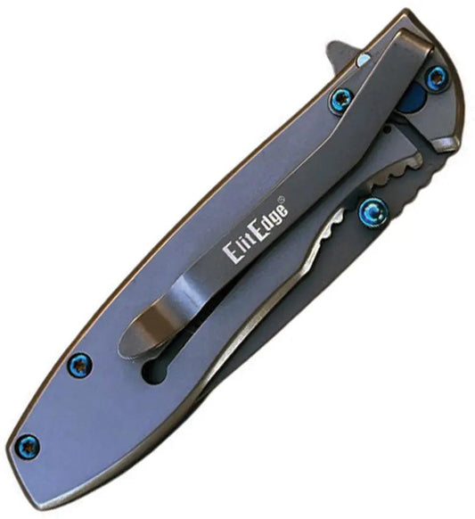 ElitEdge Linerlock A/O Gray 10-A125GY - Assisted Opening Folding Knife With Gray Stainless Blade And Blue Accents by ElitEdge