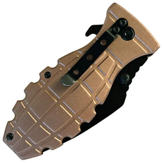 ElitEdge Grenade Linerlock AO Knife - Assisted Opening, Tan Grenade Pattern Aluminum Handle, Partial Serrated Blade by ElitEdge