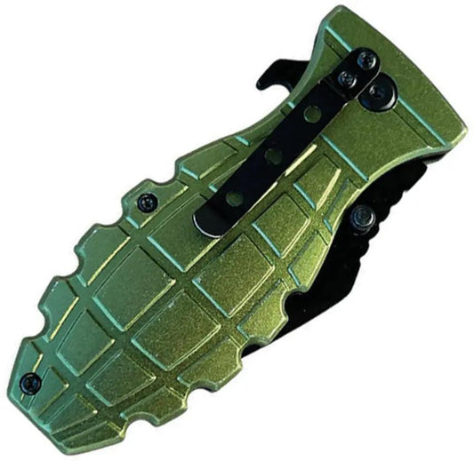 ElitEdge Grenade Linerlock Knife - Assisted Opening Green Aluminum Handle 3 Inch Black Serrated Blade by ElitEdge